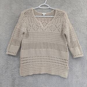 J. Jill Crochet Knit Sweater Missy Small Tan Open Knit 3/4 Sleeve Cotton Beachy